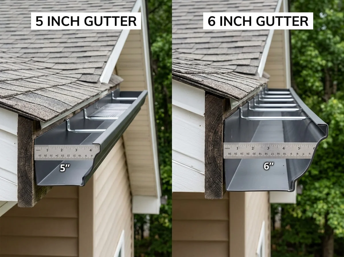 Comparison of 5-inch and 6-inch gutter profiles on a Texas home