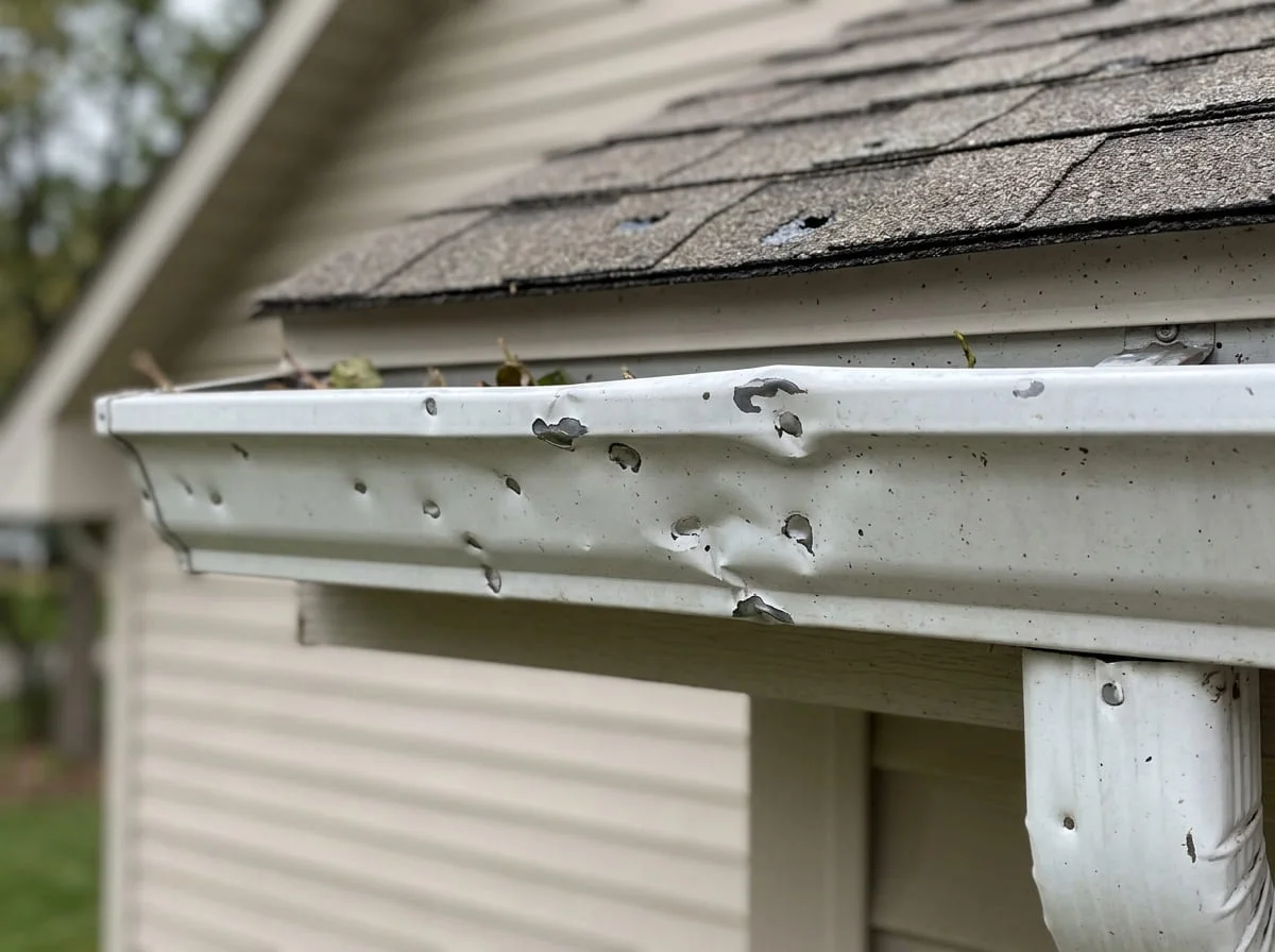 Hail-dented gutter and downspout on a Texas home after a storm
