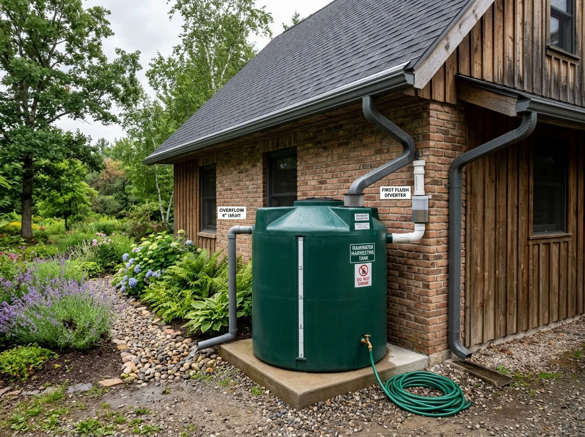 Rain barrel fed by a downspout on a Texas home